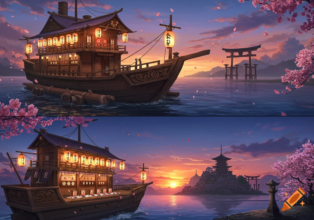 Two panels depict a traditional Japanese ship with lanterns and cherry blossoms at sunset. One scene shows torii gates, the other a pagoda island.