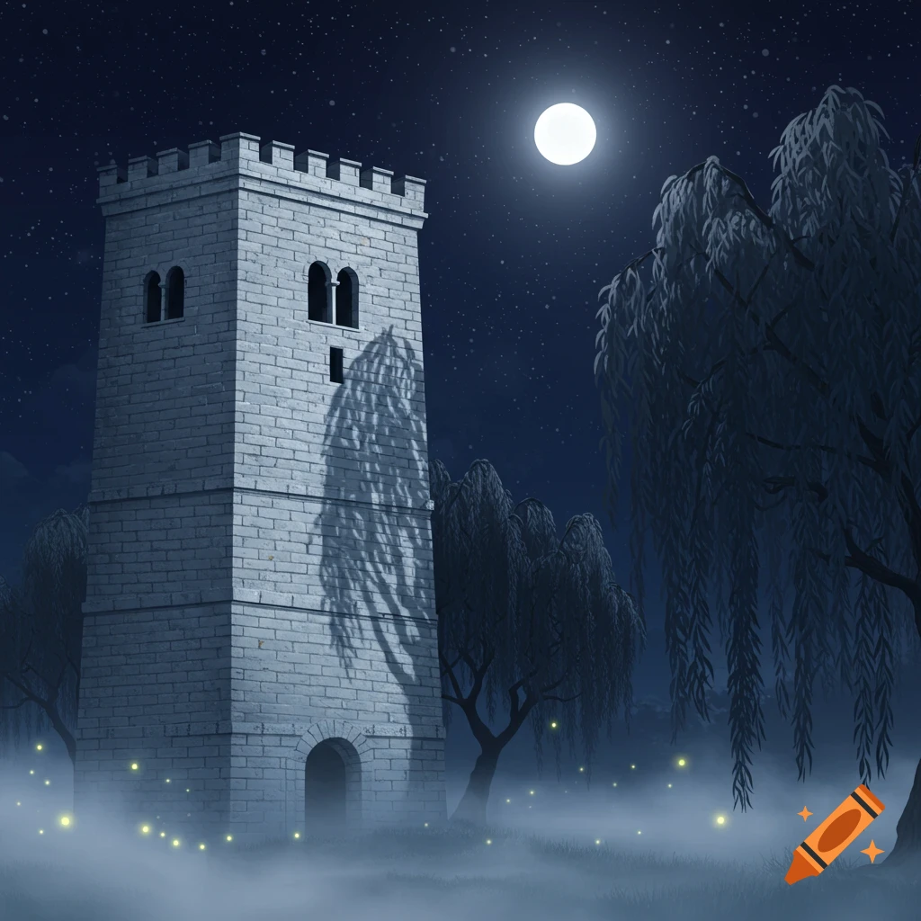 A tall white brick tower stands under a bright full moon and starry sky, surrounded by willow trees, misty fog, and glowing fireflies.