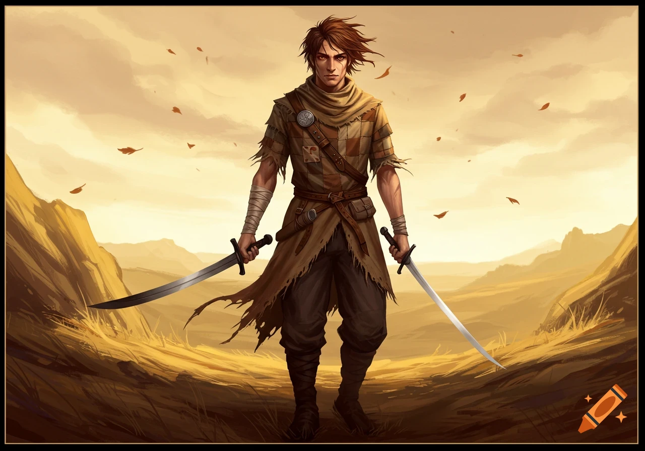 A male adventurer with messy brown hair and red eyes stands in a golden desert, holding two swords.