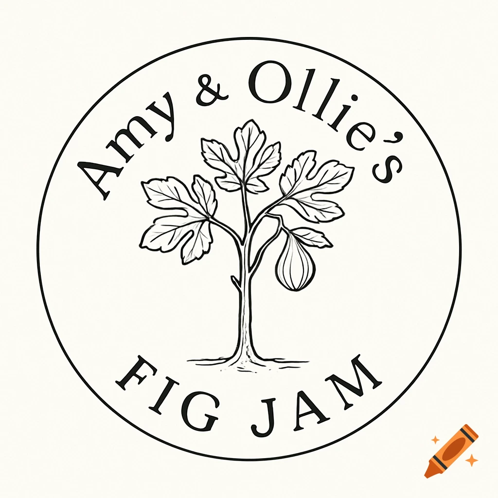 Circular line art logo for Amy & Ollie's Fig Jam featuring a fig tree with a hanging fig.