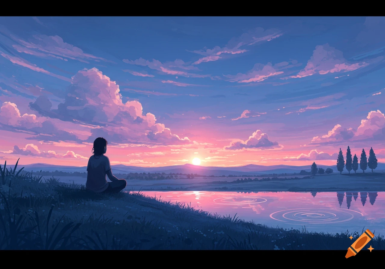 An anime illustration of a person sitting on a grassy hill overlooking a tranquil lake at sunset, with pink and blue clouds reflecting on the water.