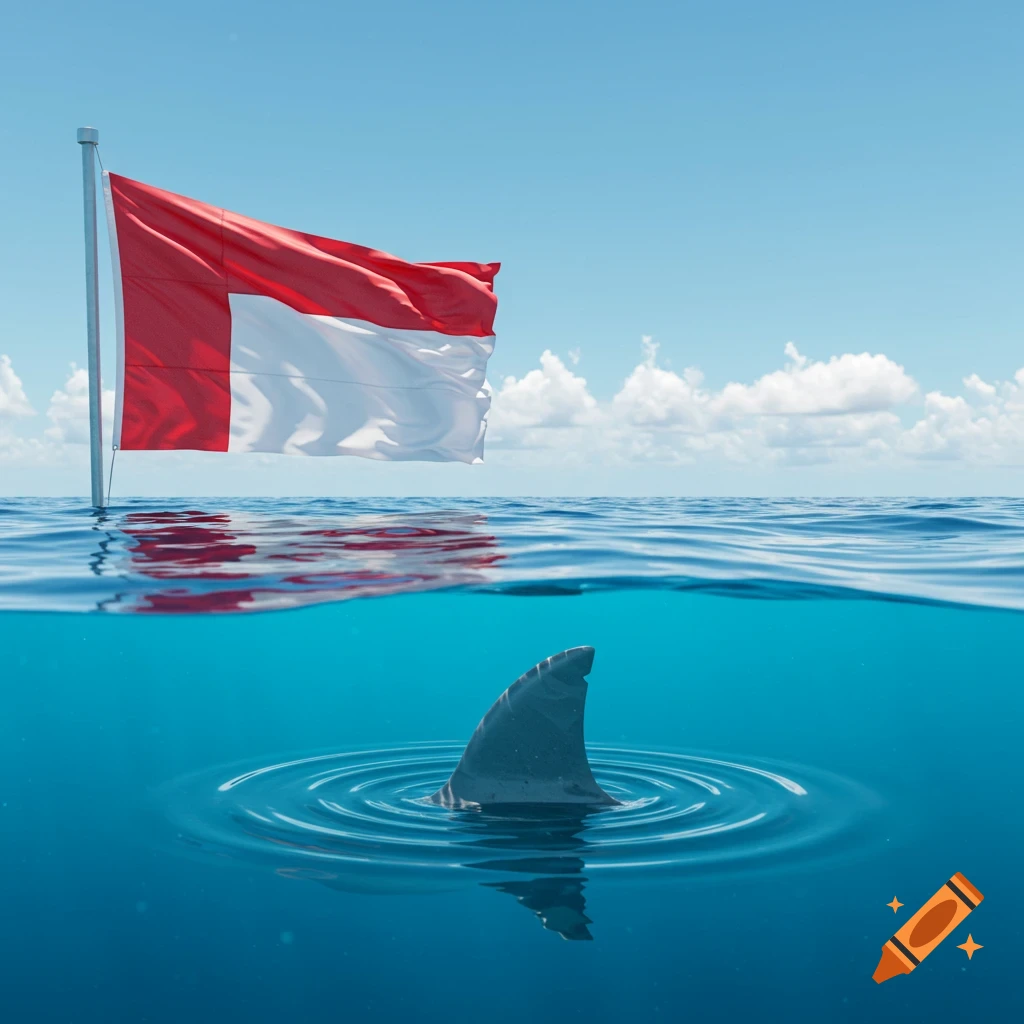 A shark fin emerges from blue ocean water below a red and white flag and clear blue sky.