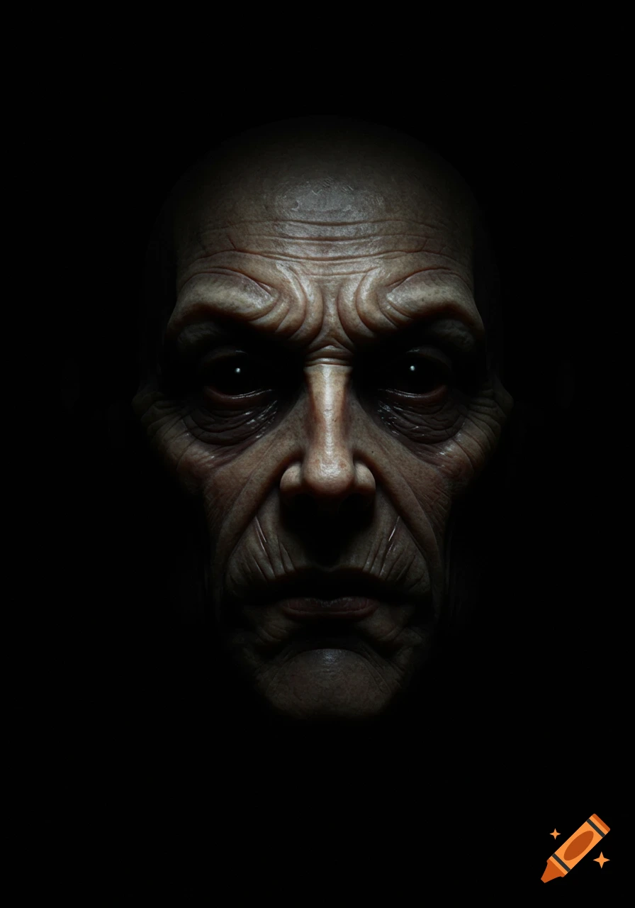 Close-up of a heavily wrinkled, gaunt face with dark eyes, emerging from a black background in a disturbing style.