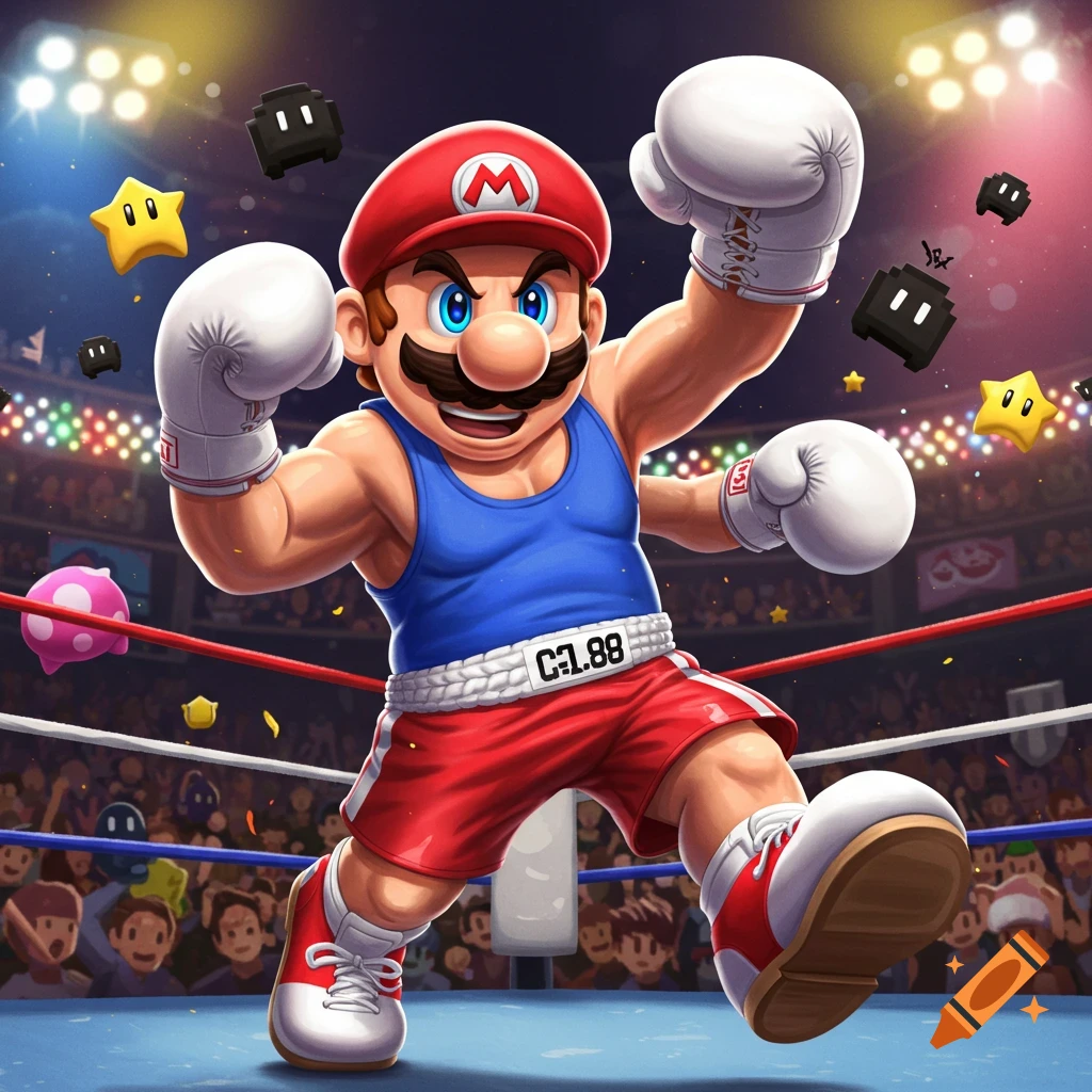 Super Mario, in boxing gear with red shorts, a blue tank top, and white gloves, stands triumphantly in a boxing ring.