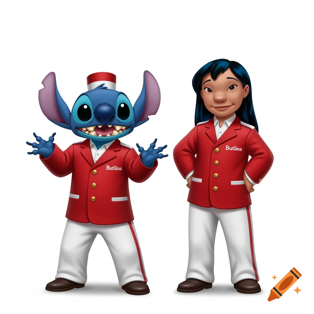 Stitch and Lilo in red and white Butlins uniforms, standing against a white background.