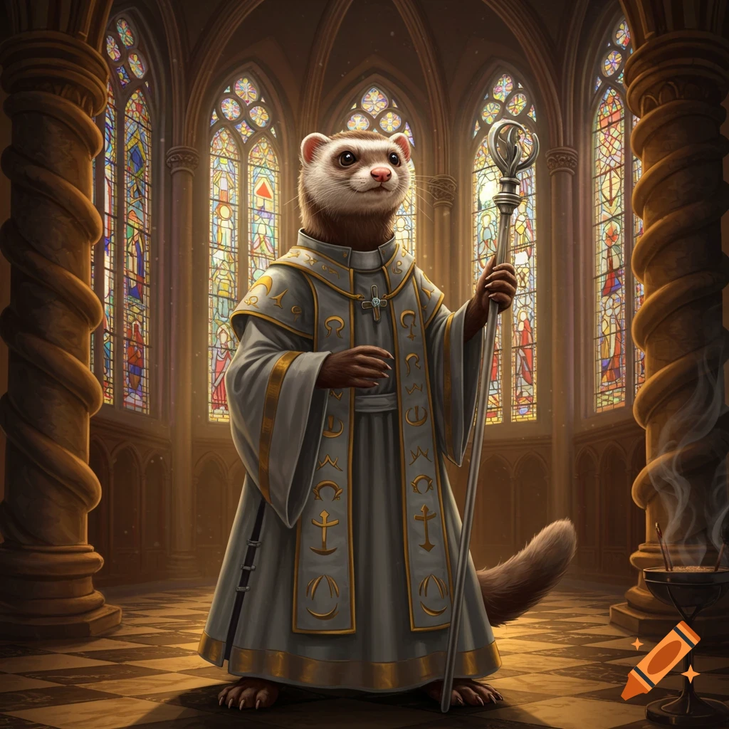 A ferret humanoid in detailed cleric robes stands holding a staff inside a grand church with stained glass windows.