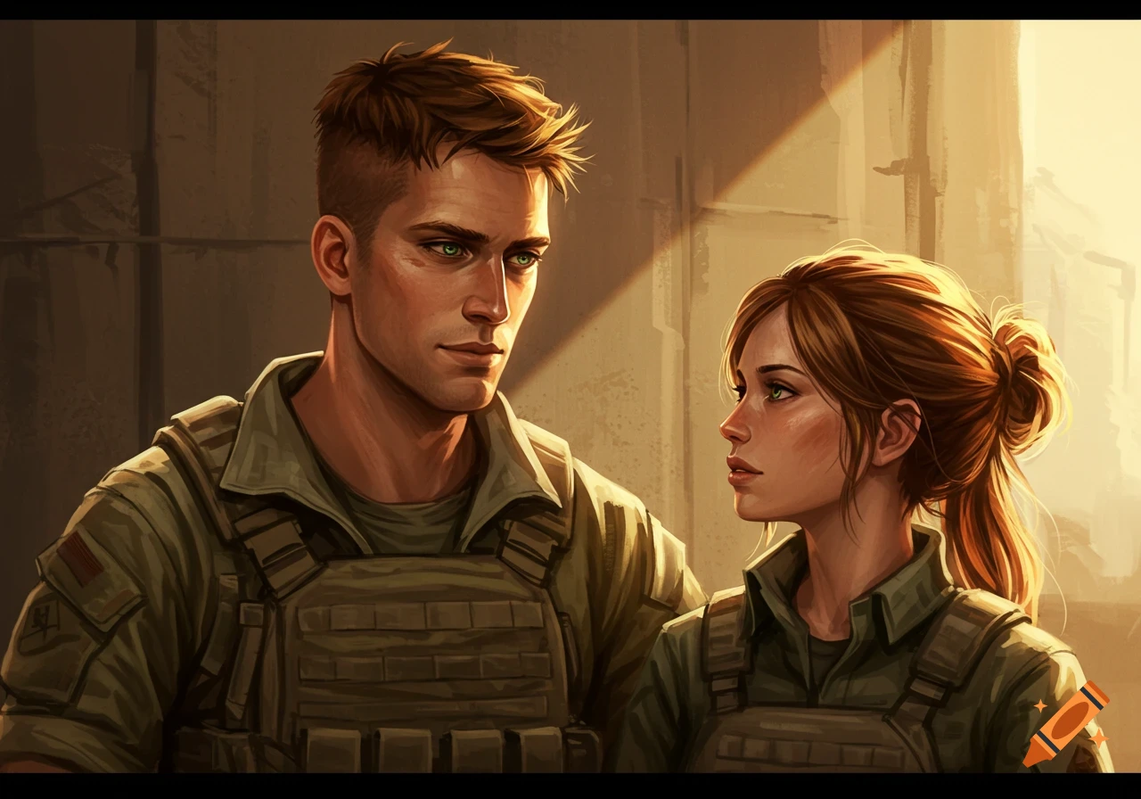 A man and a woman in military tactical vests look at each other with intense gazes in a sunlit, stylized digital painting.