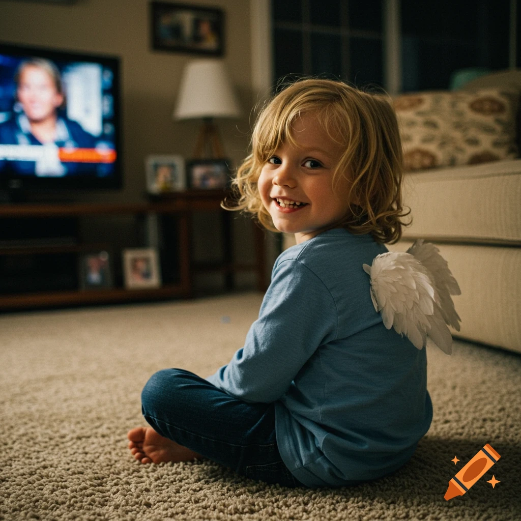 A blond boy with wings sits on a carpet, smiling at the camera, with a TV in the background.