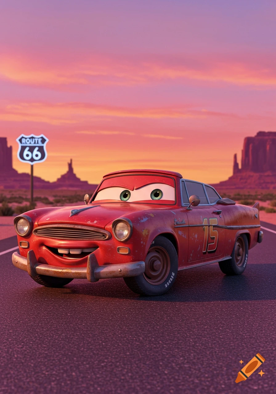 A smiling red anthropomorphic car with large green eyes and the number 15 on its side, drives down a road at sunset, with a Route 66 sign and mesas in the background.