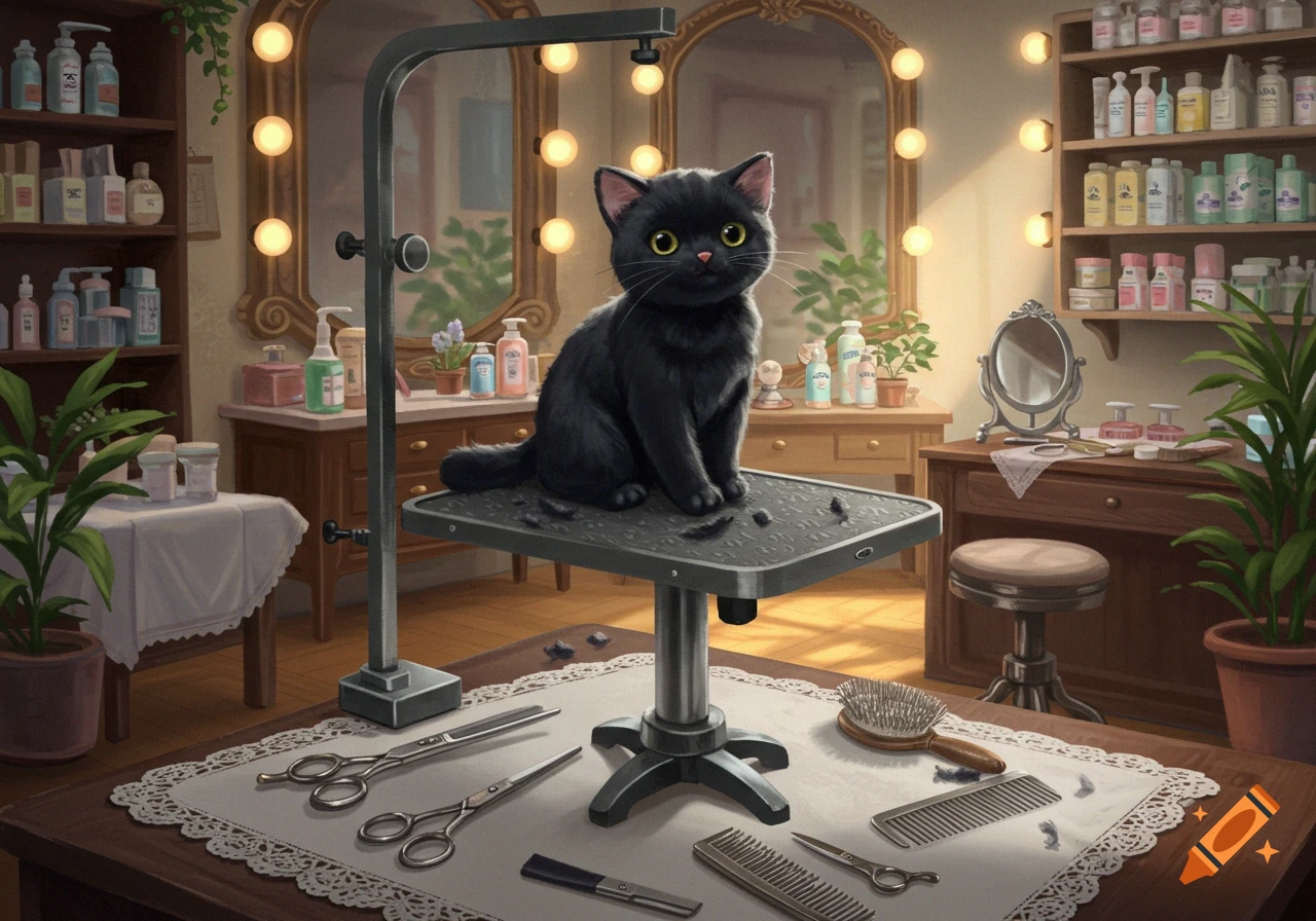 A cute black cat with wide yellow eyes sits on a grooming table in a pet salon, surrounded by grooming tools and shelves of products. Art style.