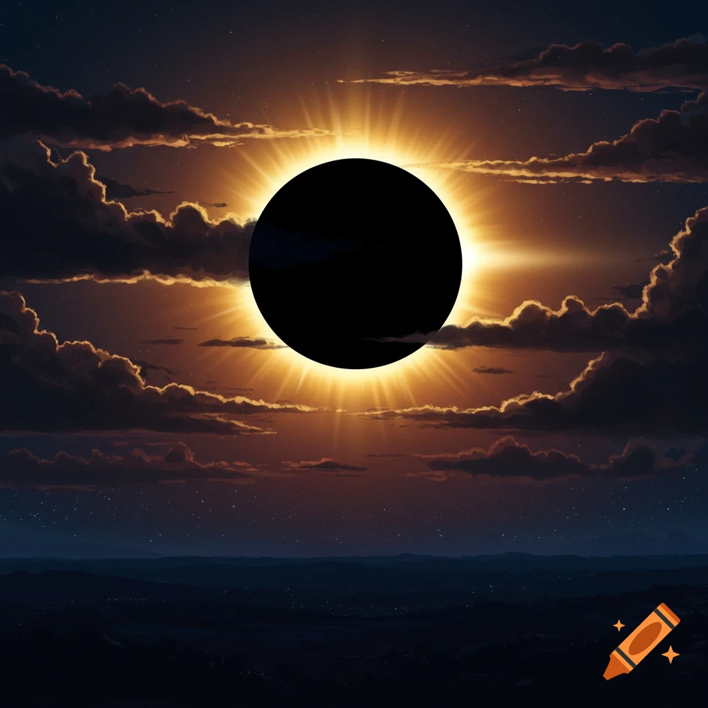 A total solar eclipse with a bright golden corona radiating light, set against a dark, cloudy sky over a subtle landscape.