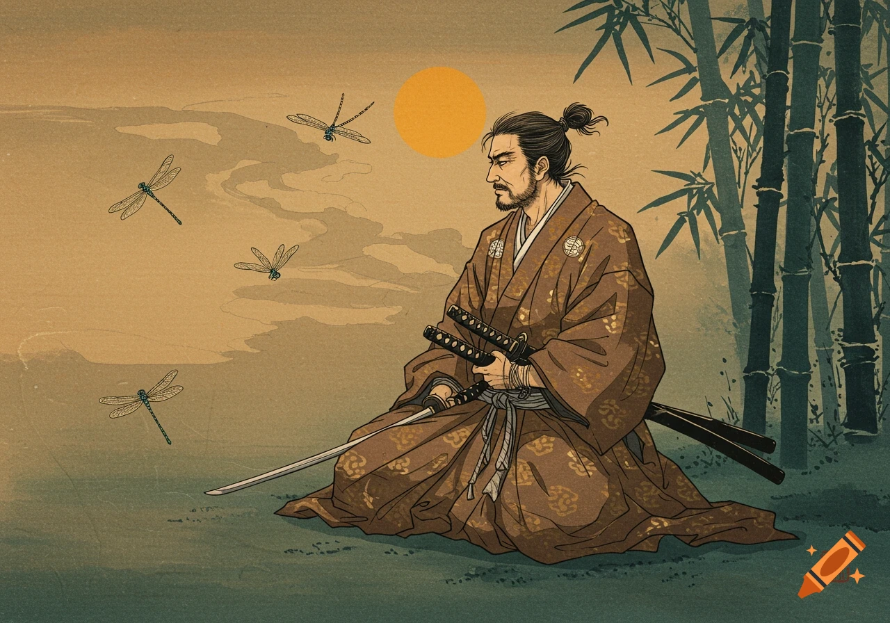 Classical Japanese painting of a samurai kneeling with swords, bamboo, and dragonflies under a setting sun.