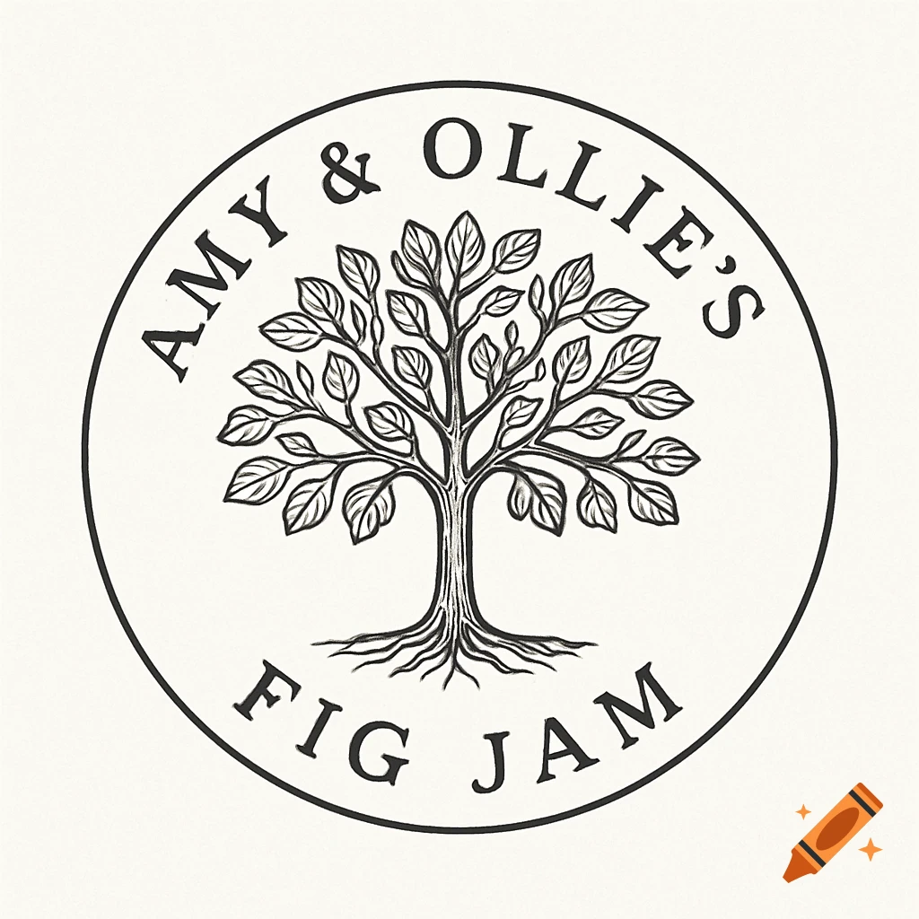 A circular black and white logo with the text "Amy & Ollie's Fig Jam" around the border and a fig tree in the center.