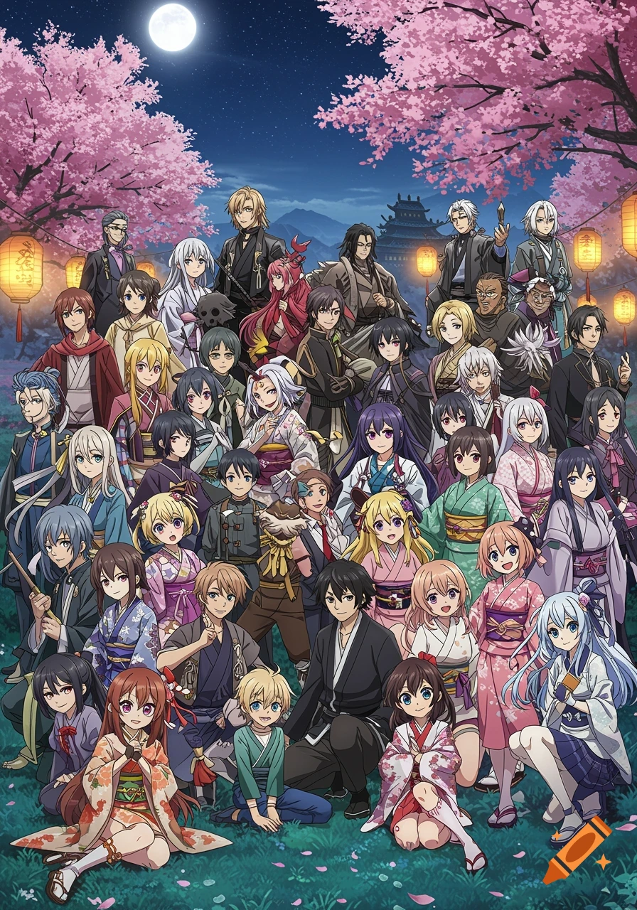 Large group of diverse anime characters under cherry blossoms at night.