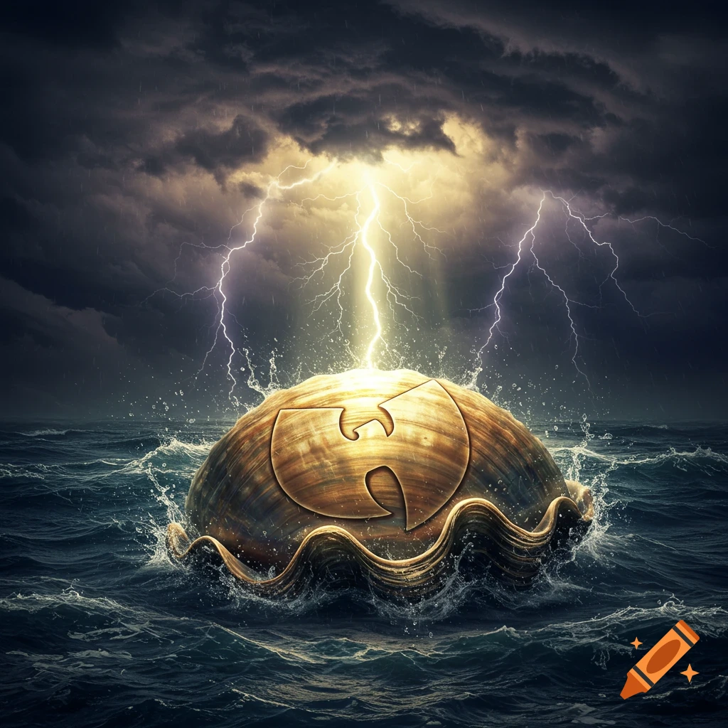 A giant golden clam with the Wu-Tang Clan logo emerges from stormy dark blue ocean water under a sky filled with bright lightning.