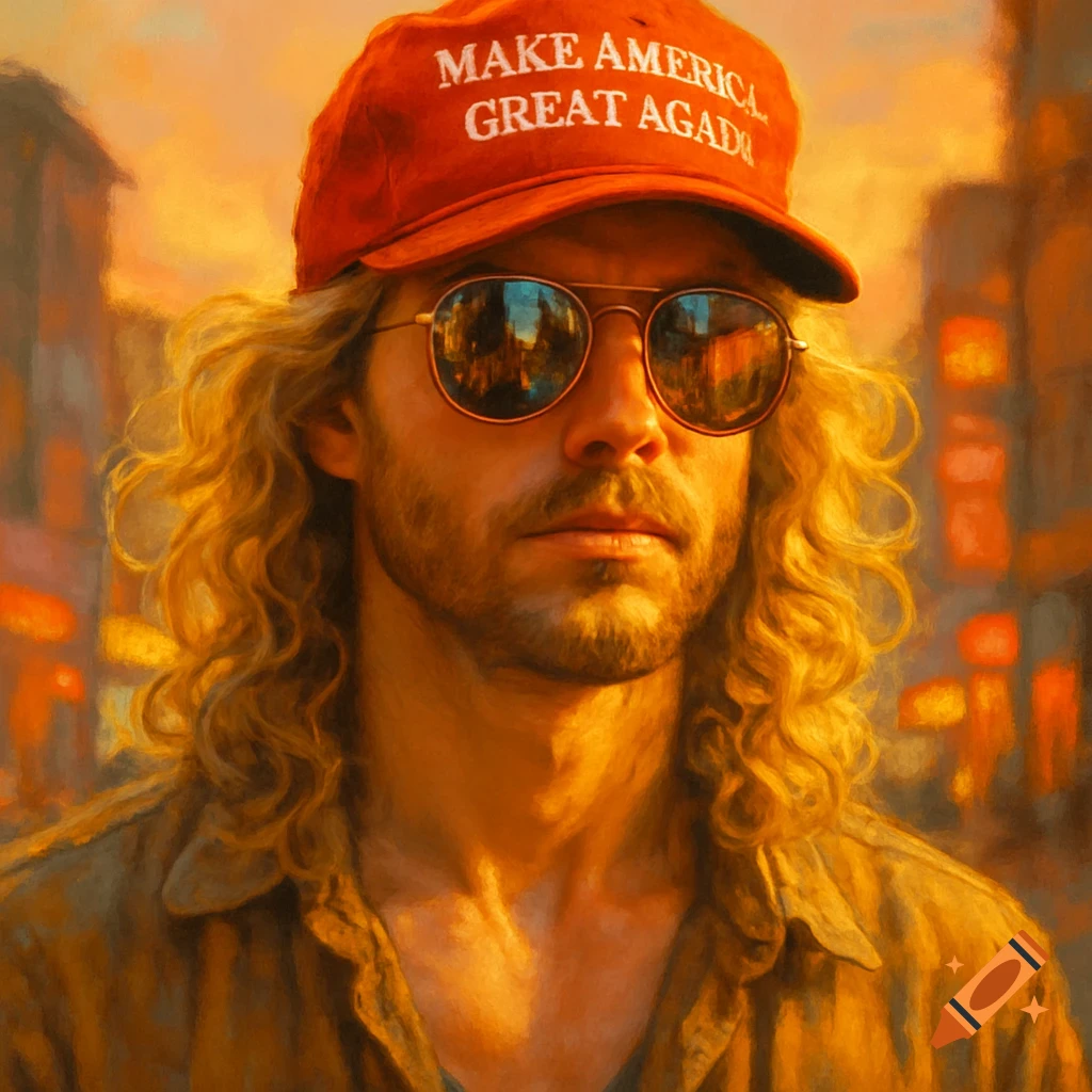 A man with long curly blonde hair and sunglasses wearing a red hat with 'MAKE AMERICA GREAT AGAD!' on it, in a painterly style.