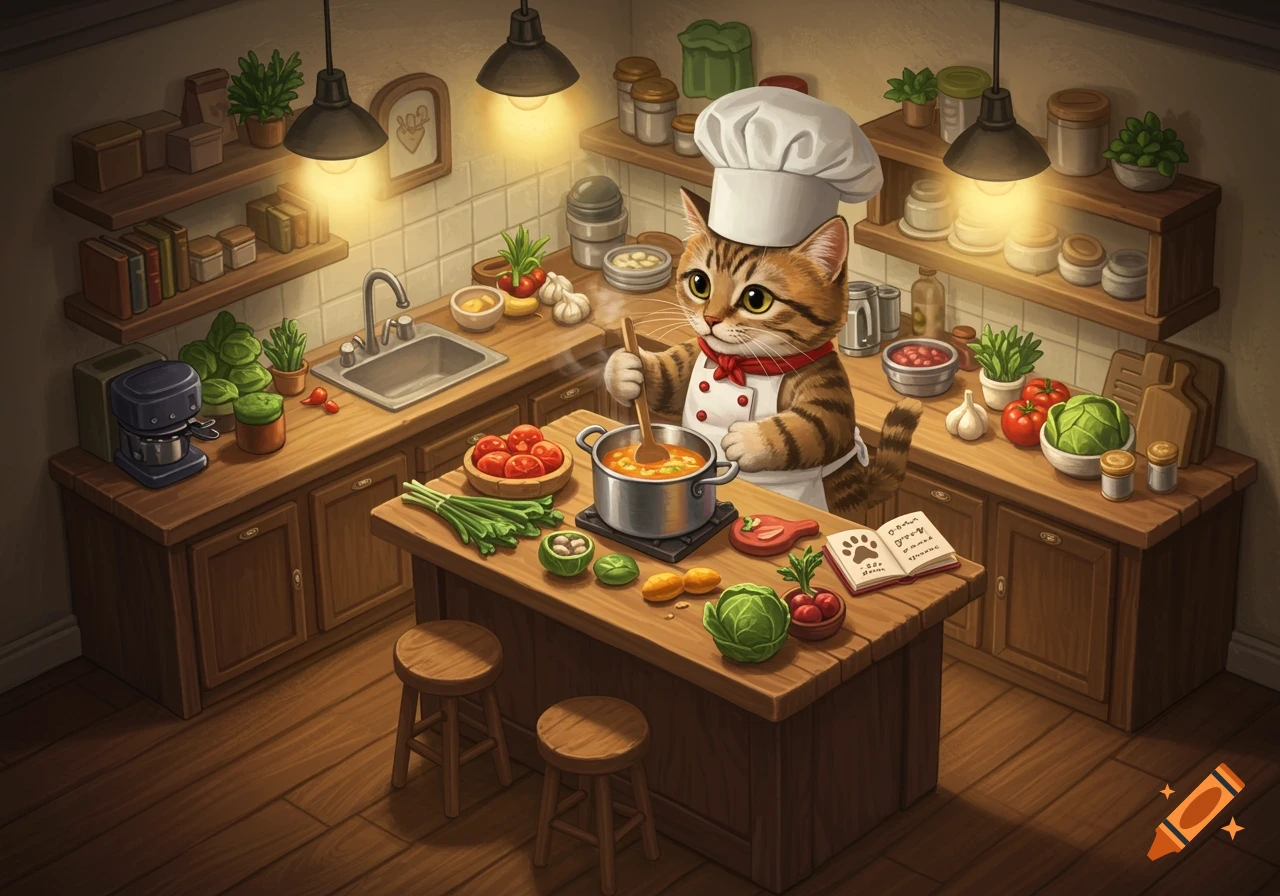 A cute cartoon cat chef in an apron and toque stirs a pot on a kitchen island, surrounded by vegetables.
