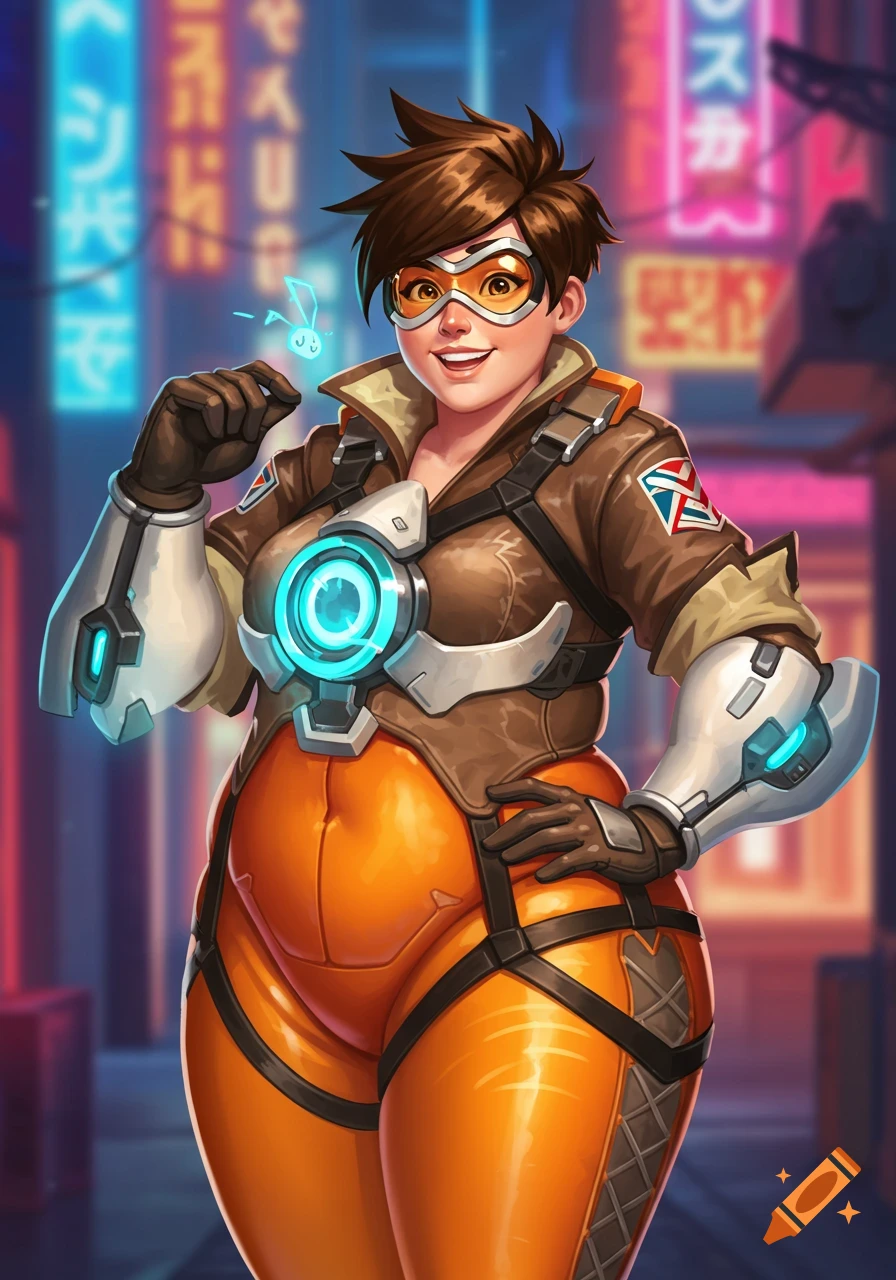 An illustration of a plus-sized Tracer from Overwatch, smiling and holding a small blue light creature, standing in front of a blurred neon city background.