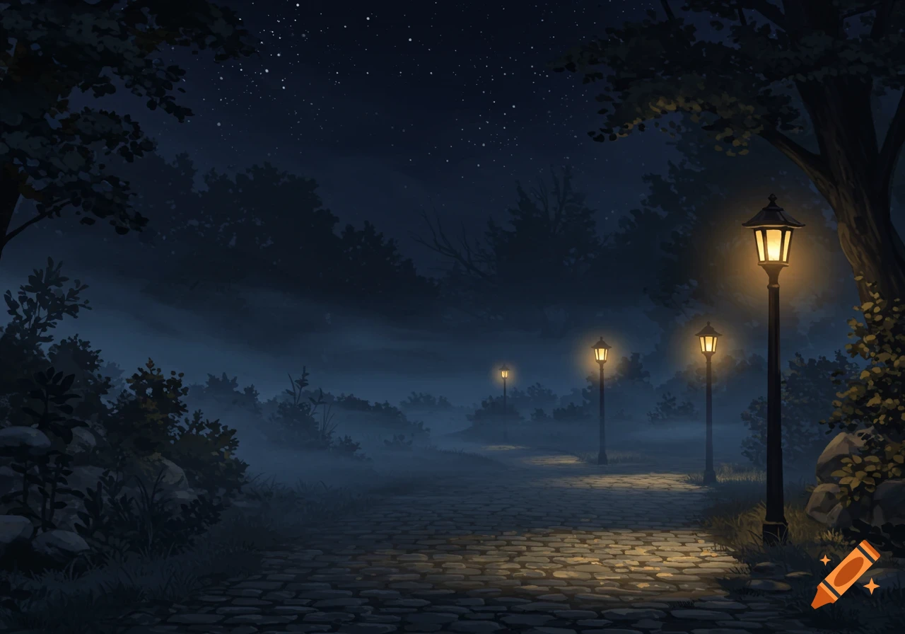An illustrative dark night landscape with a cobblestone path winding through a misty forest, lit by glowing lampposts under a starry sky.