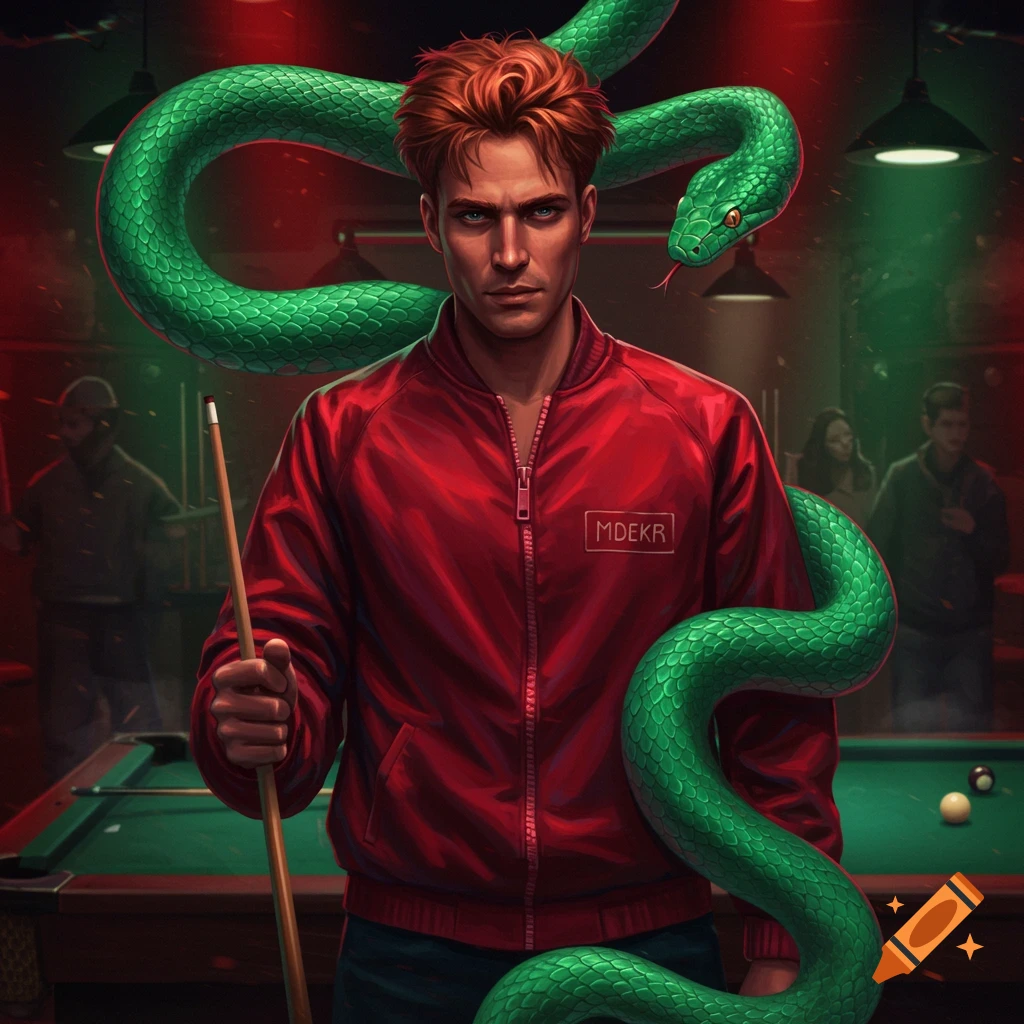 A man with red hair and a red zipper jacket holds a pool cue, with a large green snake wrapped around him in a dimly lit pool hall.