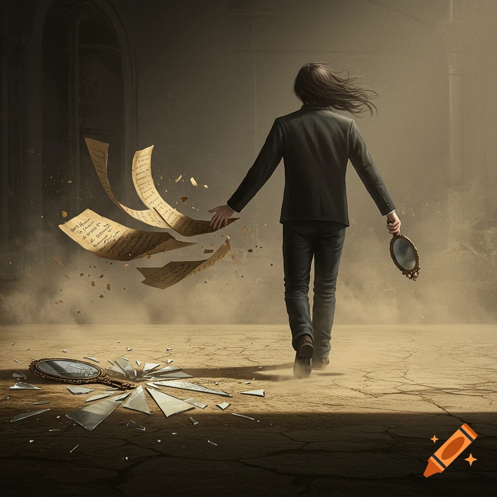 A man in a suit walks away from the viewer, tossing old papers that float in the air and a broken hand mirror on a dusty, cracked floor.