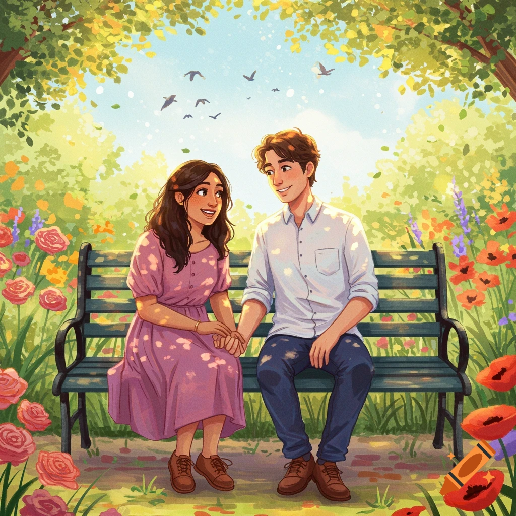 An illustration of a smiling man and woman holding hands on a park bench surrounded by trees and colorful flowers under dappled sunlight.