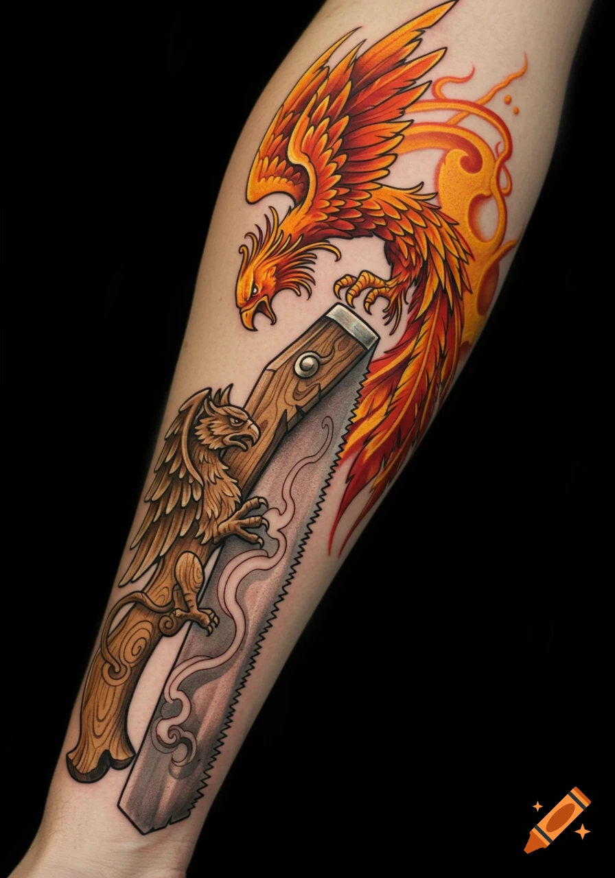 A colorful tattoo on a forearm featuring an orange phoenix above a saw, whose handle is a brown griffin.