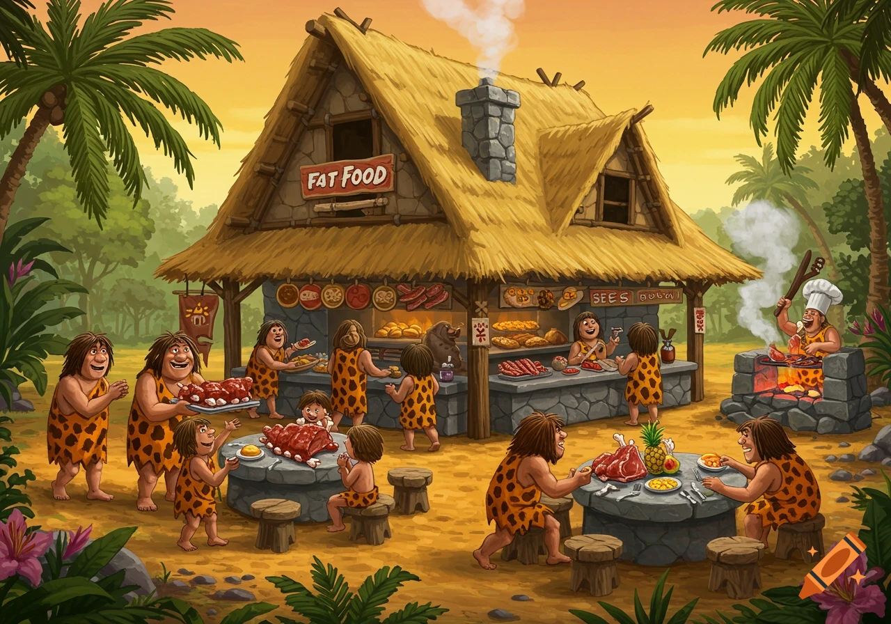 A cartoon image depicts a vibrant, bustling stone-aged fast food restaurant with various cavemen cooking, serving, and eating large portions of meat and other food items under a hut, with a chef cooking outside.