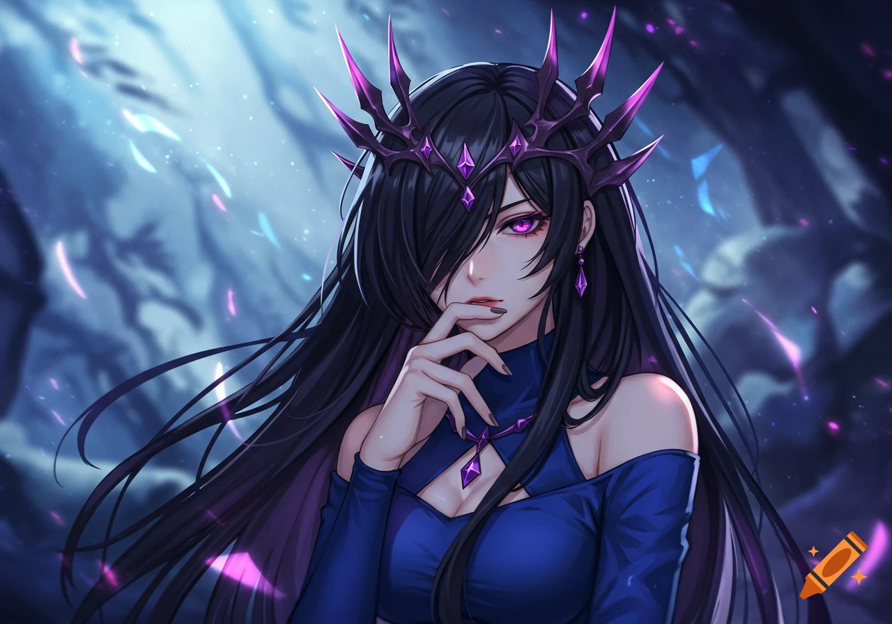 Anime-style drawing of a woman with long dark hair, purple eyes, wearing a spiky purple crown and a blue off-the-shoulder top, with a finger to her lips.