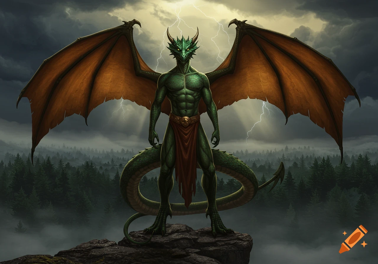 A muscular green dragon-humanoid with large orange wings stands on a rocky peak, overlooking a misty forest under a stormy sky with lightning.