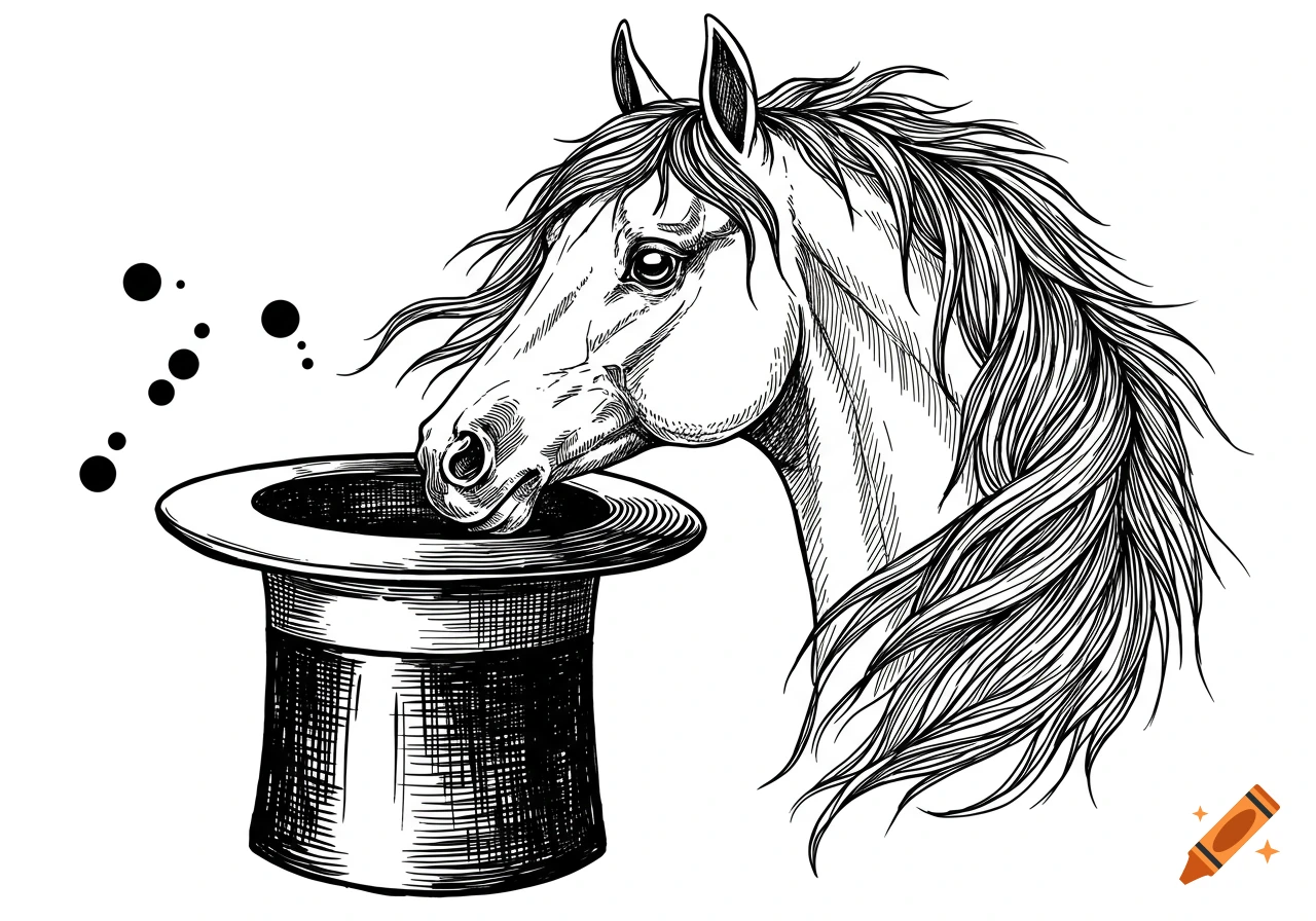 Black and white line art illustration of a horse's head emerging from a top hat.