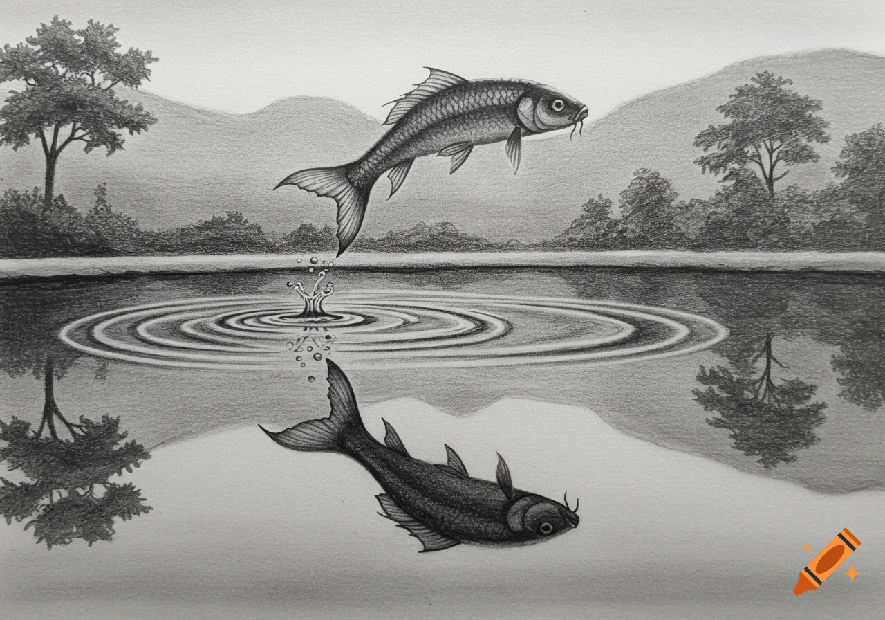 A grayscale pencil drawing depicts a fish leaping from water, creating ripples, with a second fish reflected below the surface. Trees and mountains are in the background.