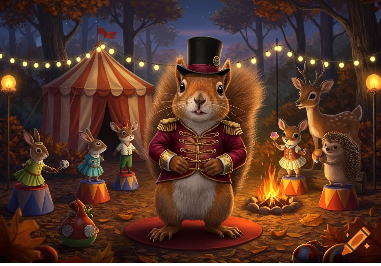 A squirrel ringleader in a top hat and red coat with other animals performing at a whimsical outdoor circus at night.