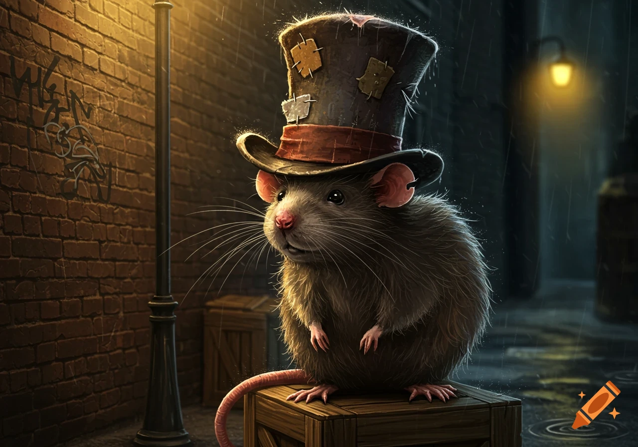A rat in a tattered top hat sits on a wooden crate under a streetlamp in a dark, rainy alley.