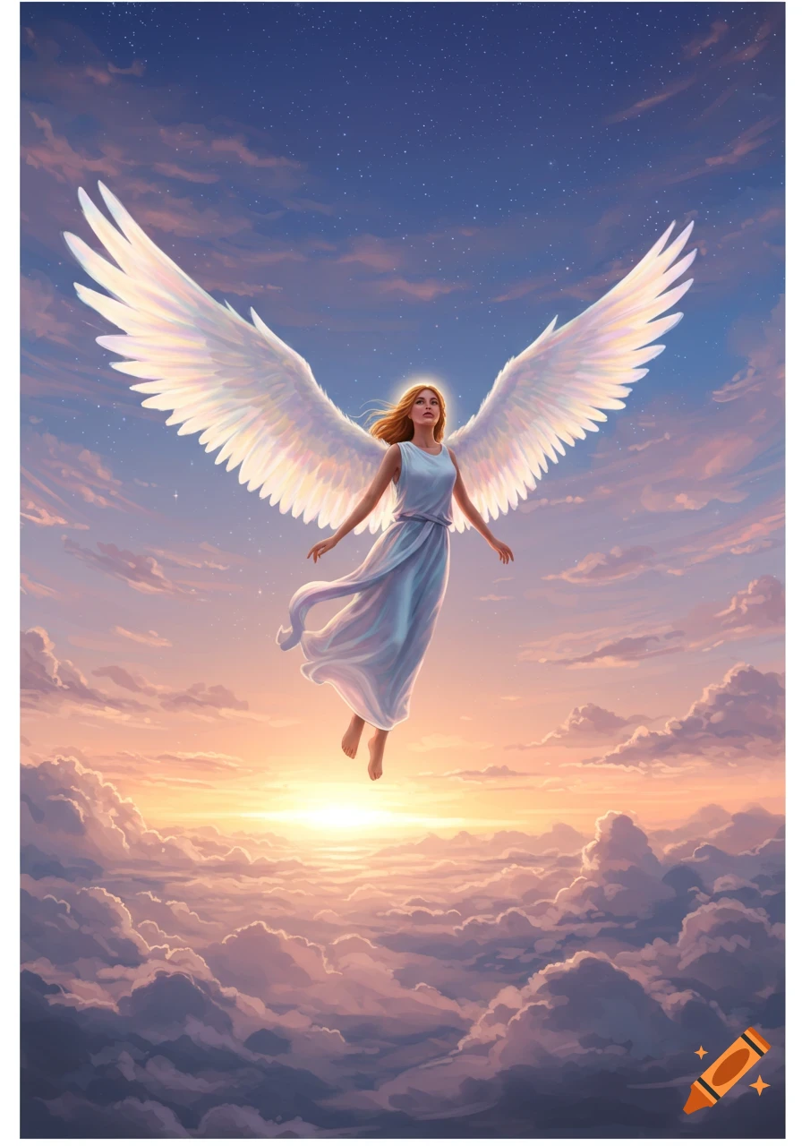 An angel with large white wings floats above clouds at sunset in a serene sky.