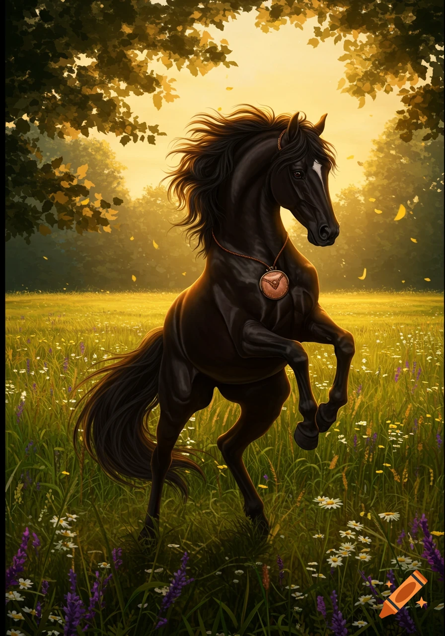 A majestic black horse rears up in a vibrant, sunlit meadow filled with wildflowers and surrounded by trees in a stylized illustration.