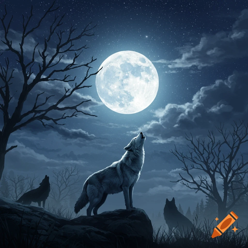 A majestic white wolf howls at a luminous full moon in a starry night sky, with two silhouetted wolves and bare trees in the foreground.