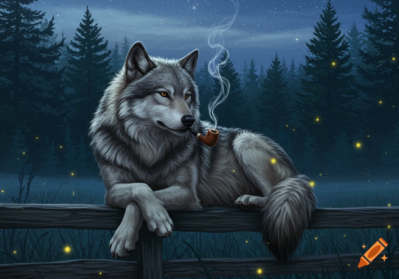 An illustrated gray wolf with yellow eyes lies on a wooden fence, smoking a pipe, amidst a dark forest with fireflies at night.