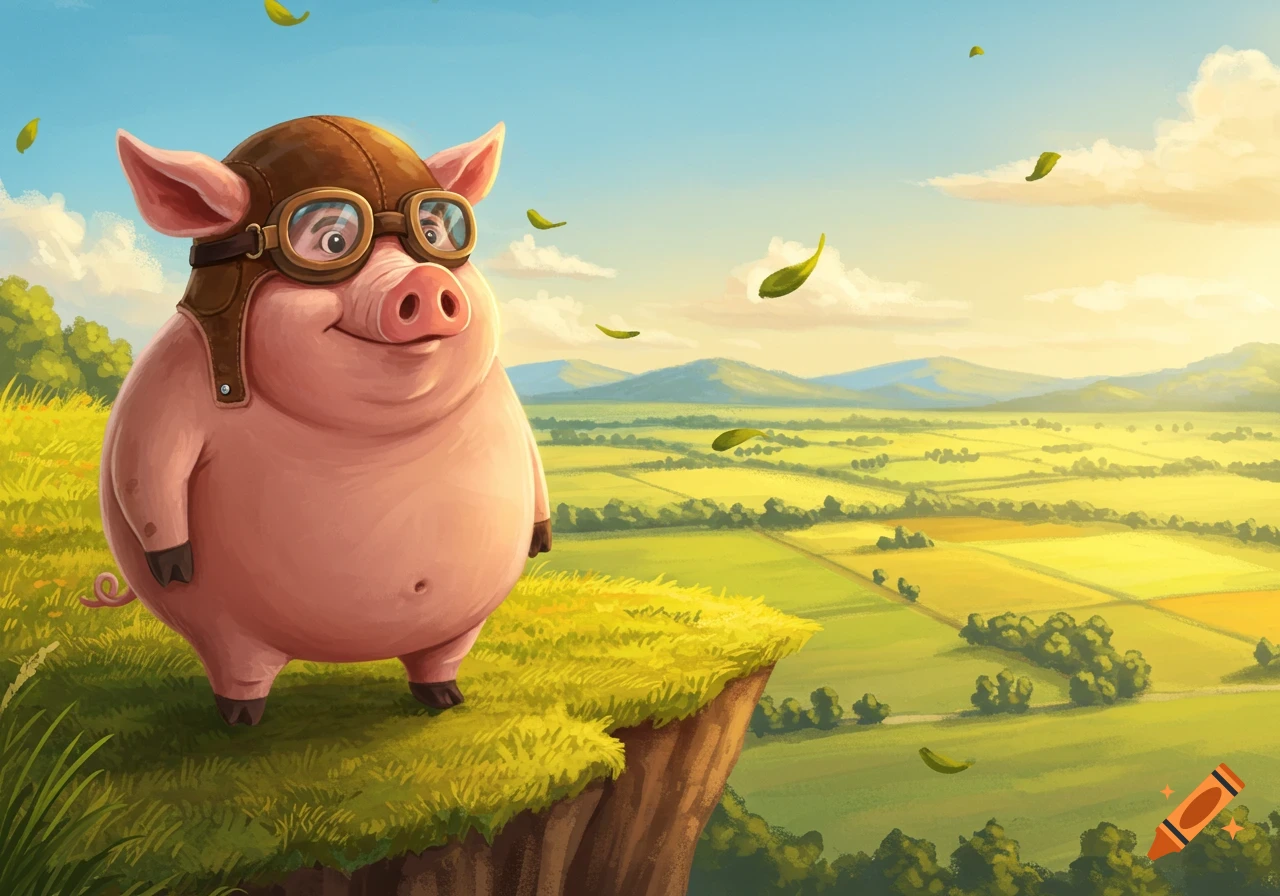 A cartoon pig wearing a brown pilot's helmet and goggles stands on a grassy cliff overlooking a sunny, green valley with fields and mountains.