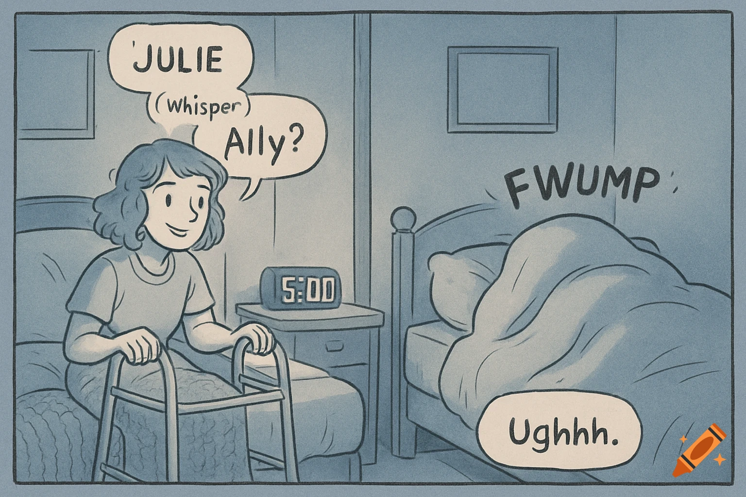 A comic panel shows Julie in bed, holding a walker, speaking to Ally, who is under blankets. An alarm clock reads 5:00.