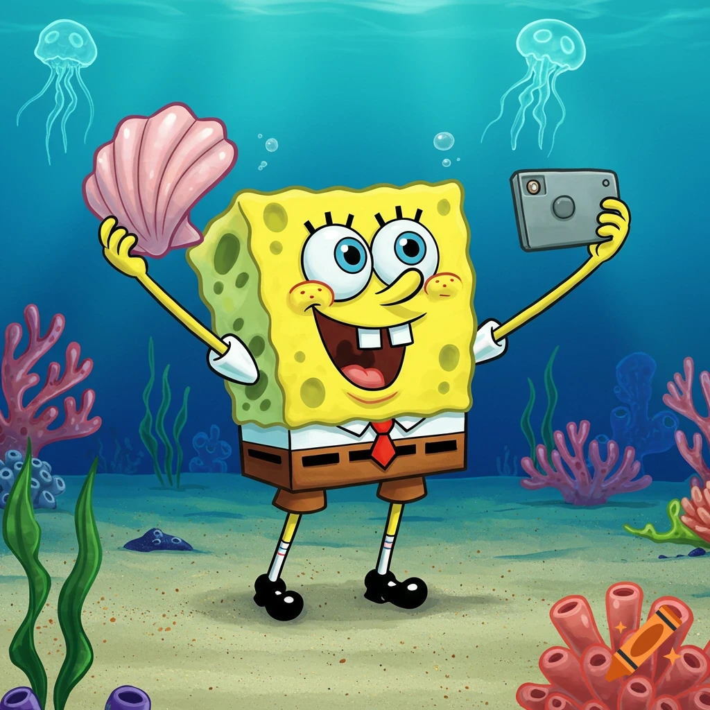 SpongeBob Squarepants smiling underwater, holding a seashell and taking a selfie with a camera in a cartoon style.