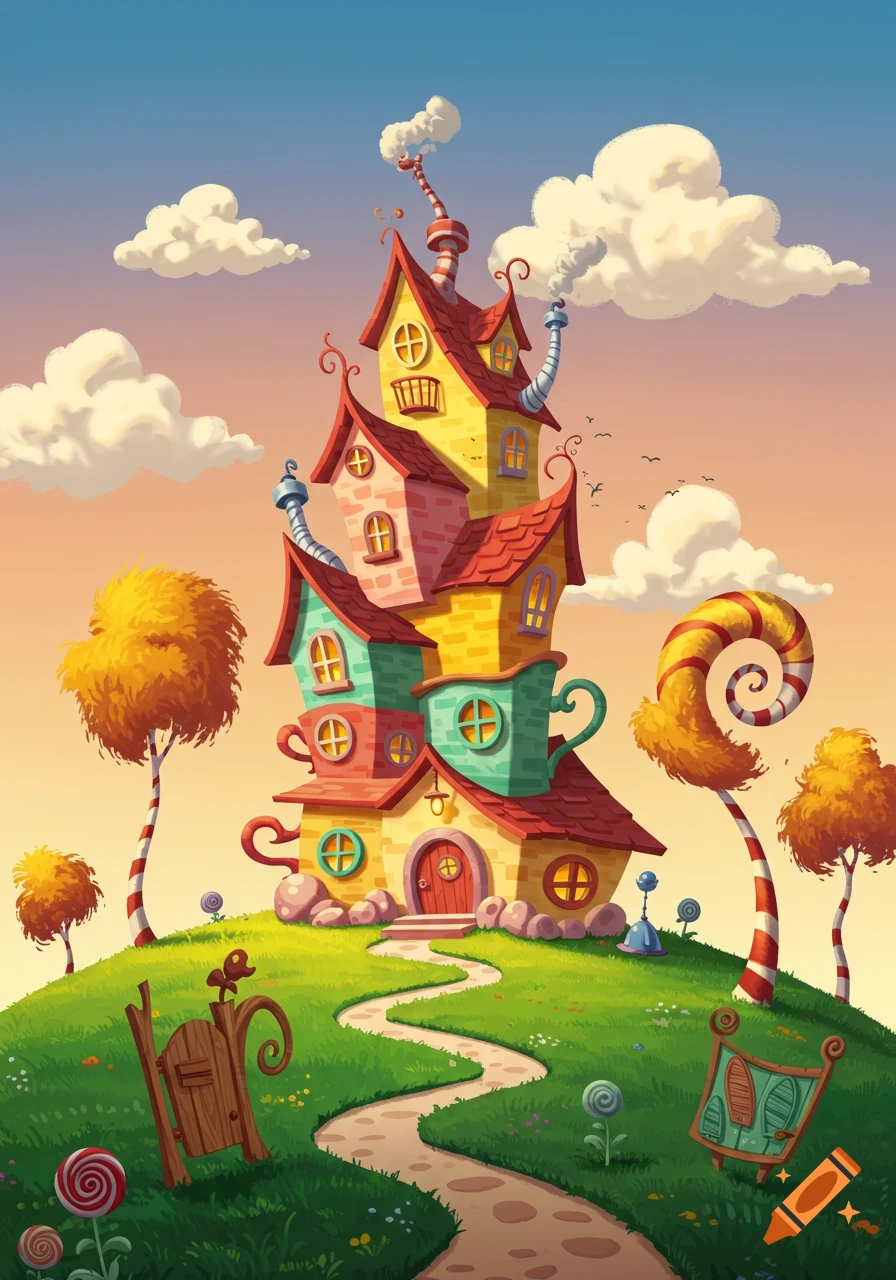 A whimsical, colorful, tall house with multiple crooked levels and teacup elements, on a grassy hill with a winding path and unique trees, in a Dr. Seuss illustration style.