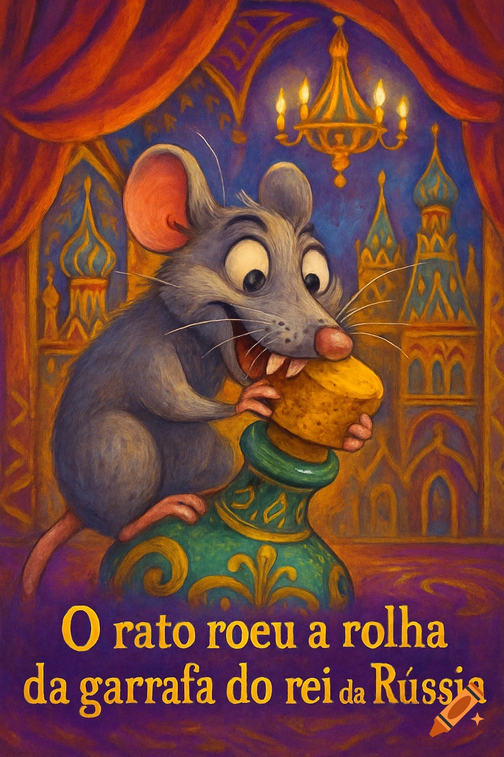 A cartoon gray mouse with big ears happily bites a cork on a green bottle, set in a regal, colorful room with Russian-style architecture and a chandelier. Text in Portuguese reads "O rato roeu a rolha da garrafa do rei da Rússia" (The rat gnawed the cork from the bottle of the King of Russia).