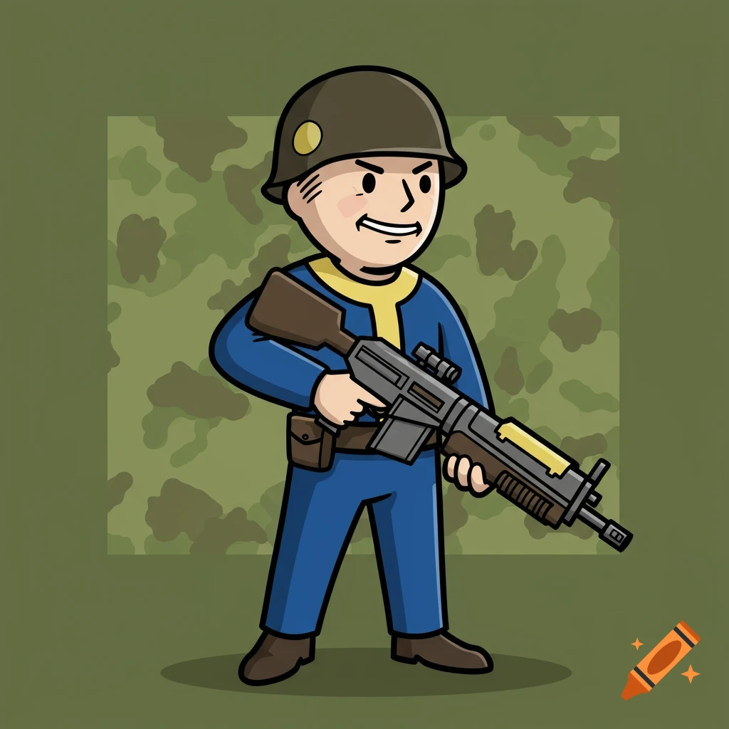 Cartoon Vault Boy character from Fallout, dressed as a soldier in a blue jumpsuit and helmet, holding a rifle against a green camouflage background.