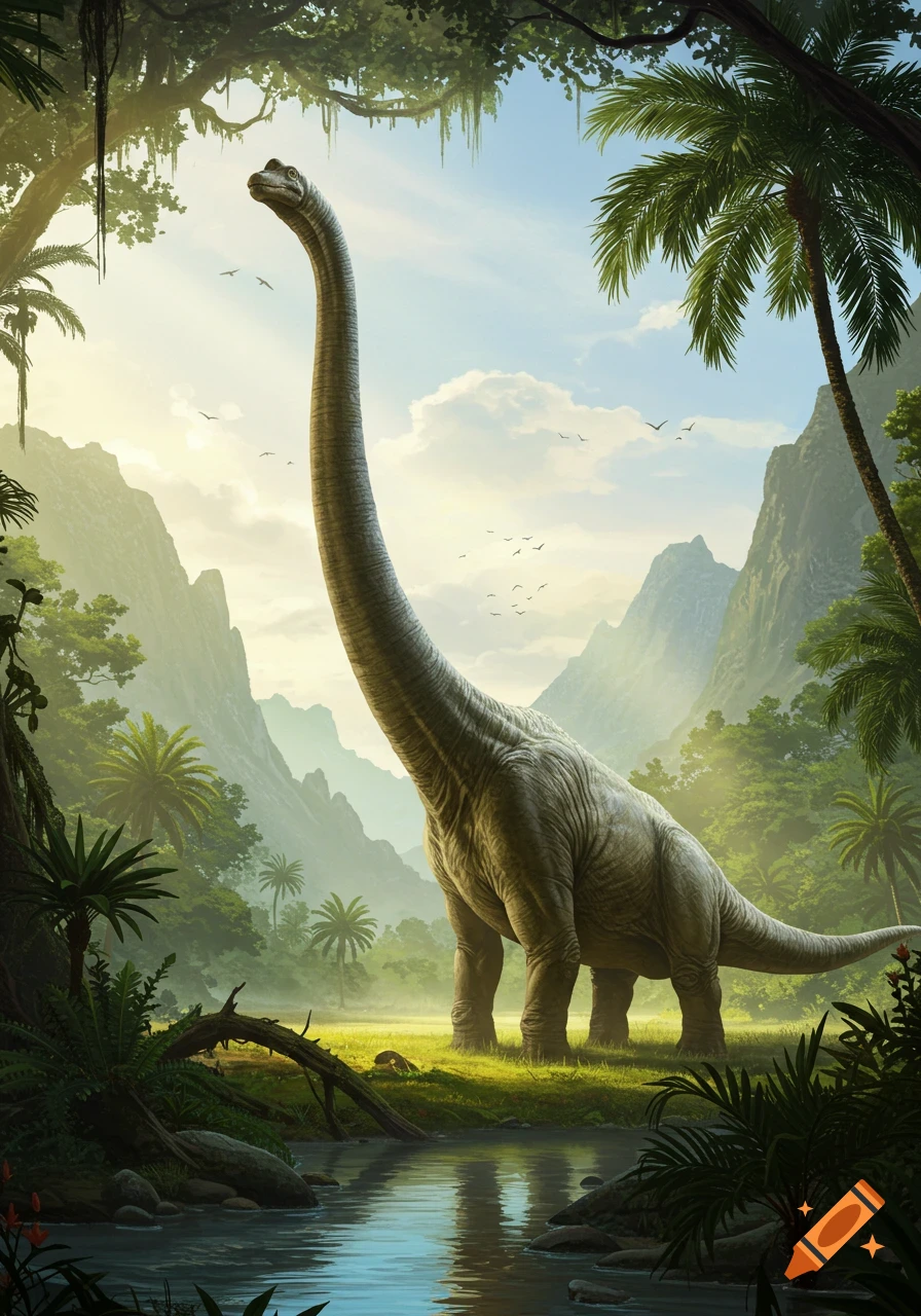 A colossal Brachiosaurus stands by a calm jungle pool, surrounded by lush trees and distant mountains, bathed in sunlight.