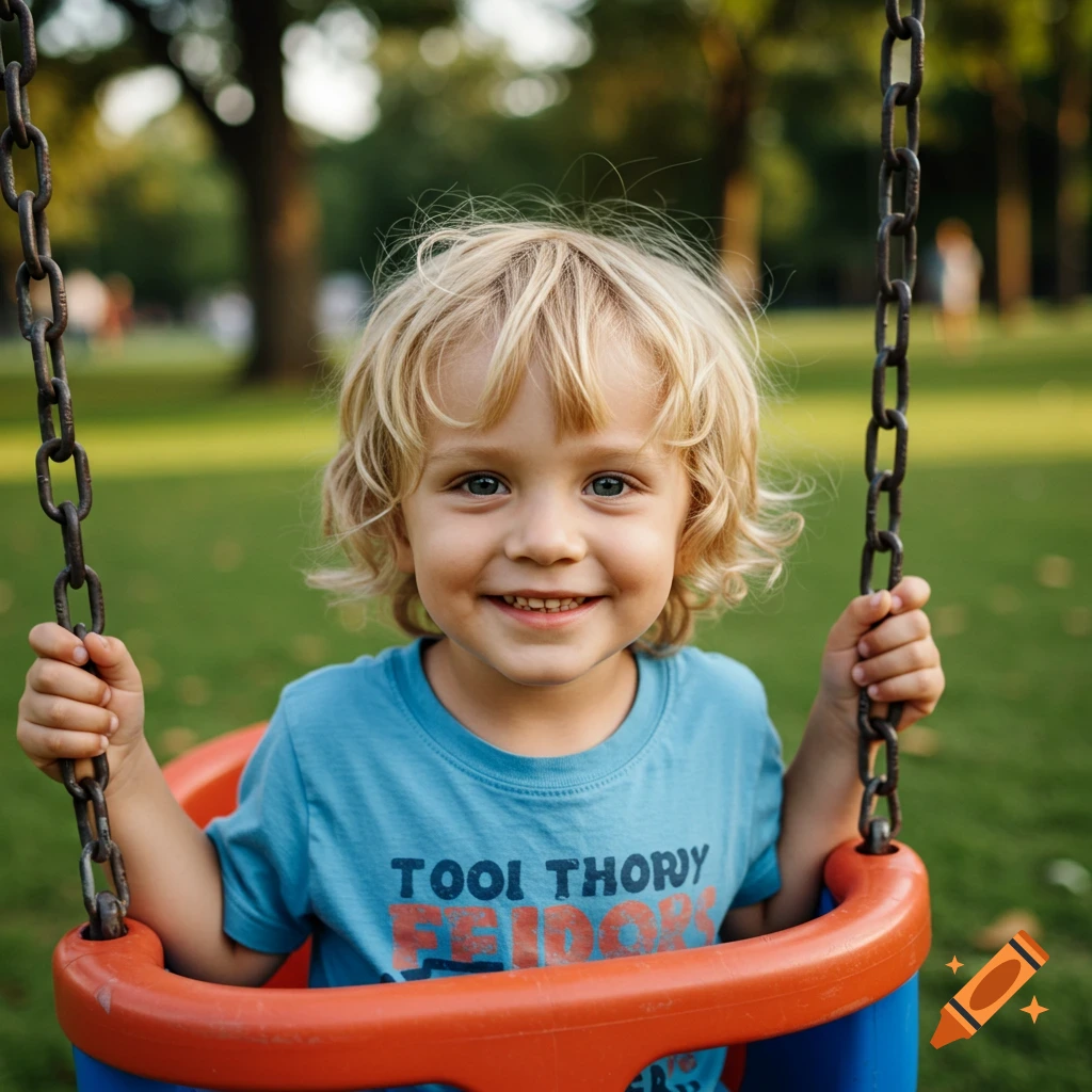 Smiling blond boy with wavy hair sitting on a swing at a park, looking at the camera.