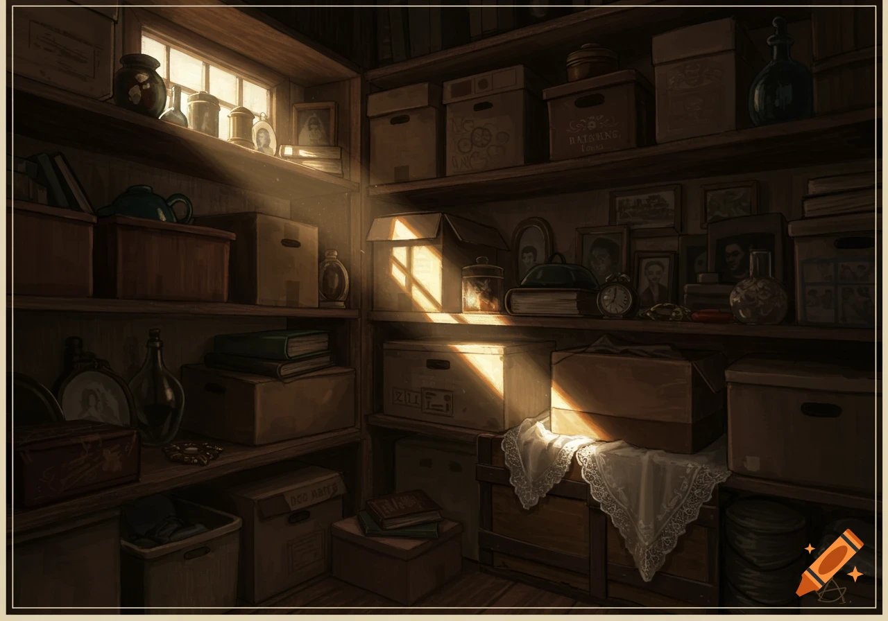 An old, dusty storage closet filled with wooden shelves holding various boxes, books, bottles, and framed pictures. Sunlight streams in from a window at the top, illuminating parts of the shelves and objects.