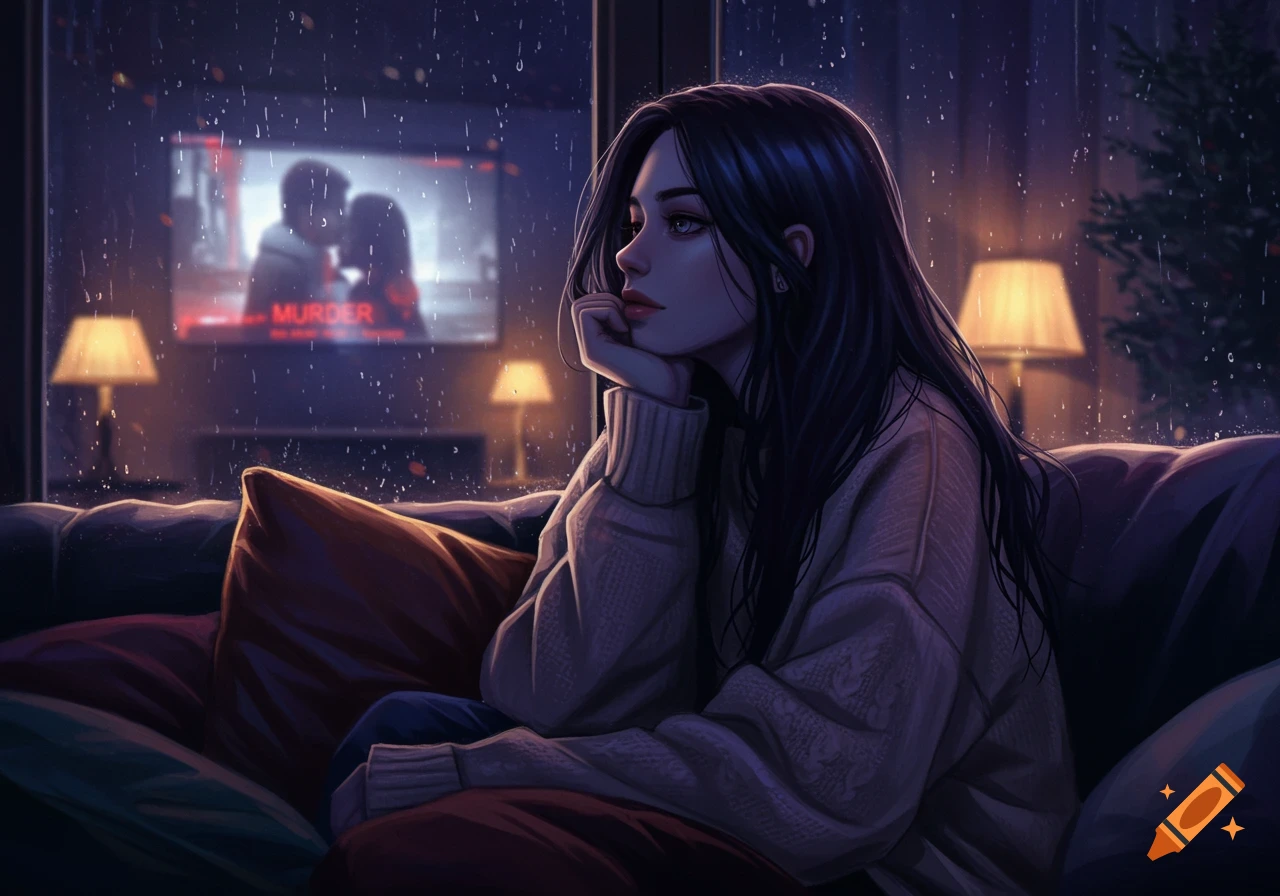 A stylized digital art image of a young woman with dark hair sitting on a sofa, looking out a rainy window at night while a TV plays a 'MURDER' documentary in the background.