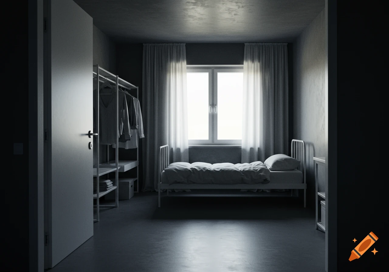 Photorealistic image of a minimalist dark gray bedroom with a white metal bed, a bright window, and a clothing rack.