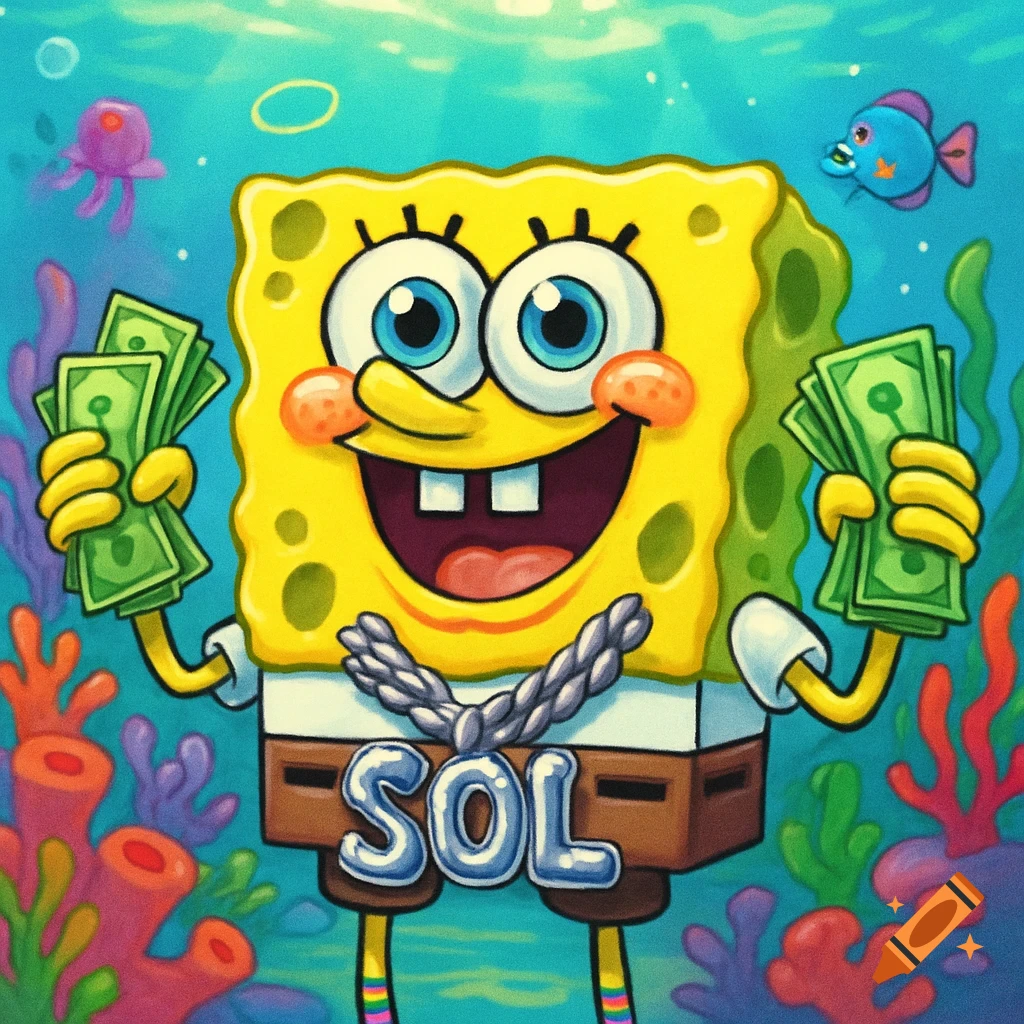 Spongebob SquarePants smiles while holding stacks of dollar bills in both hands, wearing a silver chain with 'SOL' around his neck, in a colorful underwater scene.